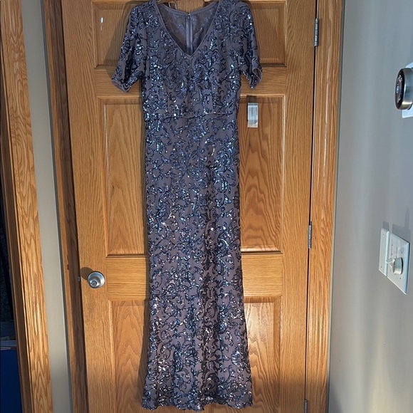 NWT Alex Evenings Purple Sequin Maxi Gown Flutter Sleeve - Picture 2 of 6